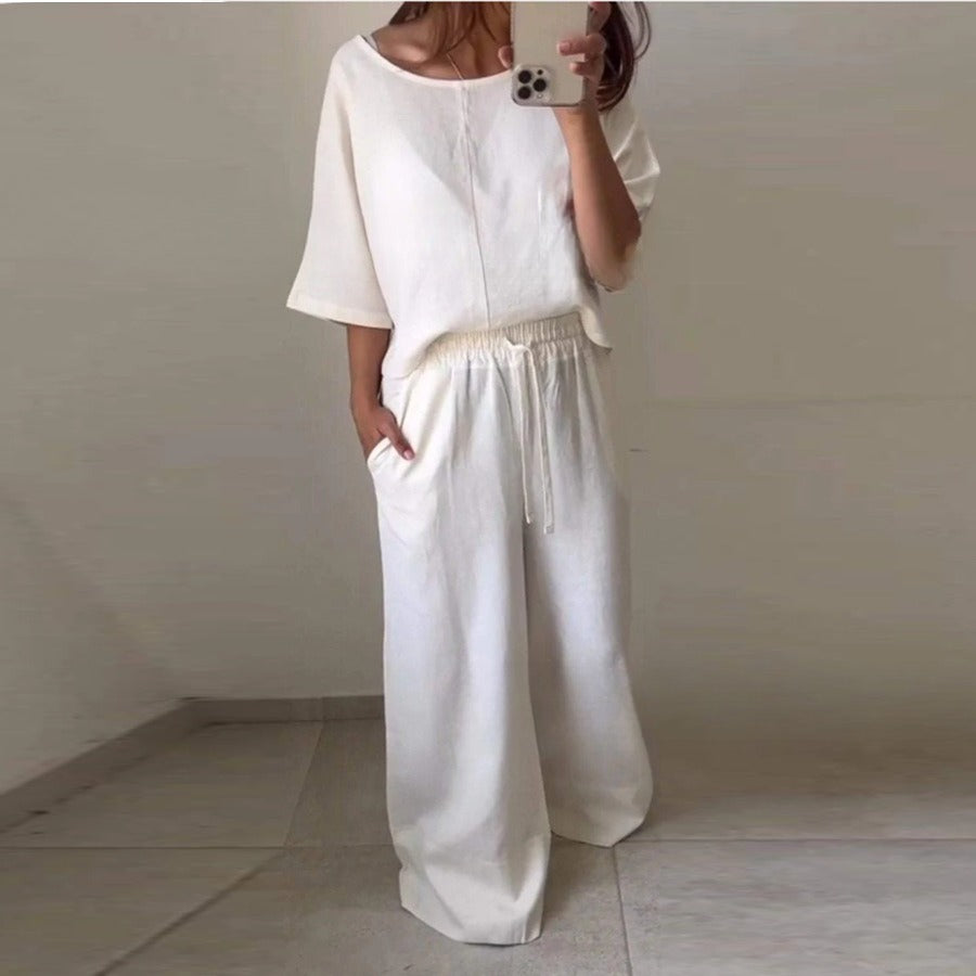 Casual Women's Round Neck Shirt With Half Sleeve Top Wide Leg Pants Suit
