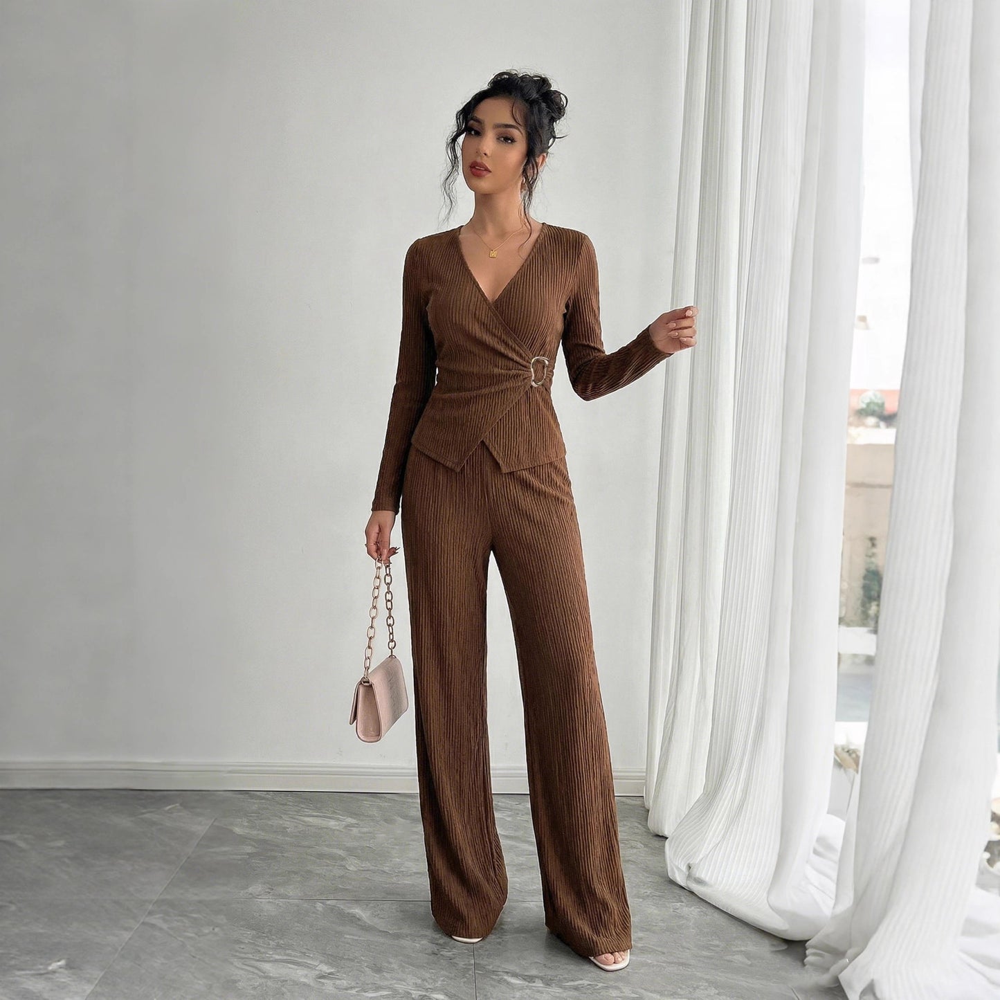 Womens Solid-Color V-Neck Cross-Over Long-Sleeve T-Shirt And Pants Set