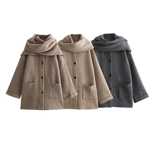 European And American 3-color Short Knitted Coat With Scarf