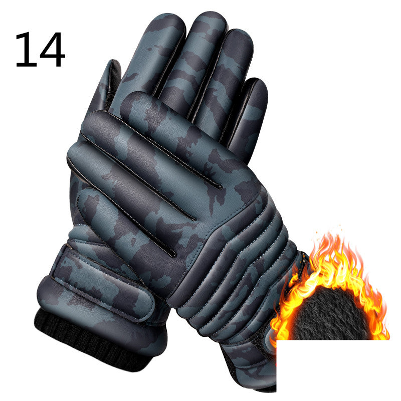 Men's Winter Riding Plus Velvet Thick Windproof Leather Gloves