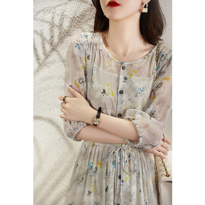 Fragmented Floral Long Skirt French Short Sleeved