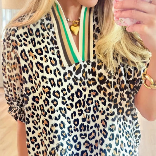 Female Leopard Print Contrasting Stripes V-neck Short Sleeved Shirt
