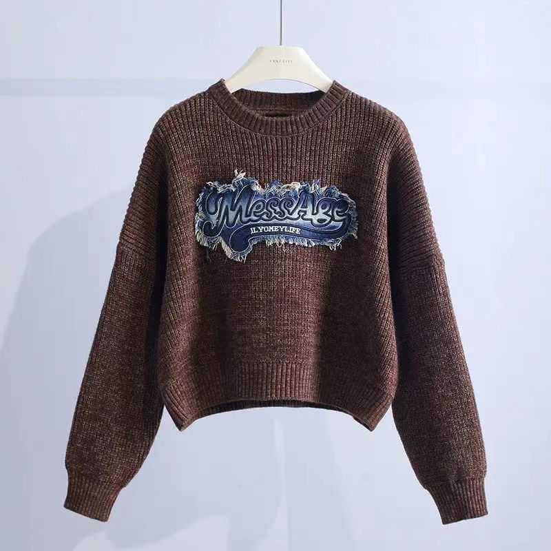 Tassel Denim Pattern Round Neck Sweater Top