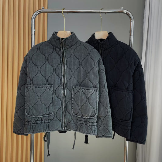 Large Pocket Lace-up Long Sleeve Cotton Coat Jacket Washed Cotton-padded Coat For Women