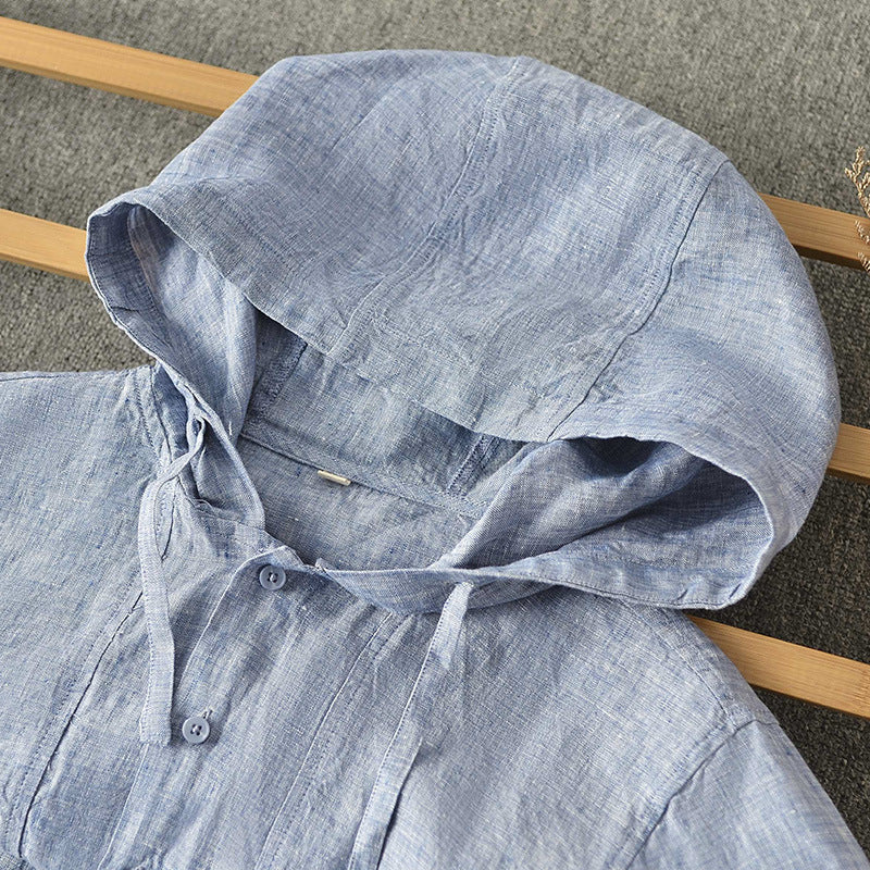 Linen Men's Loose Solid Color Hooded Casual Shirt
