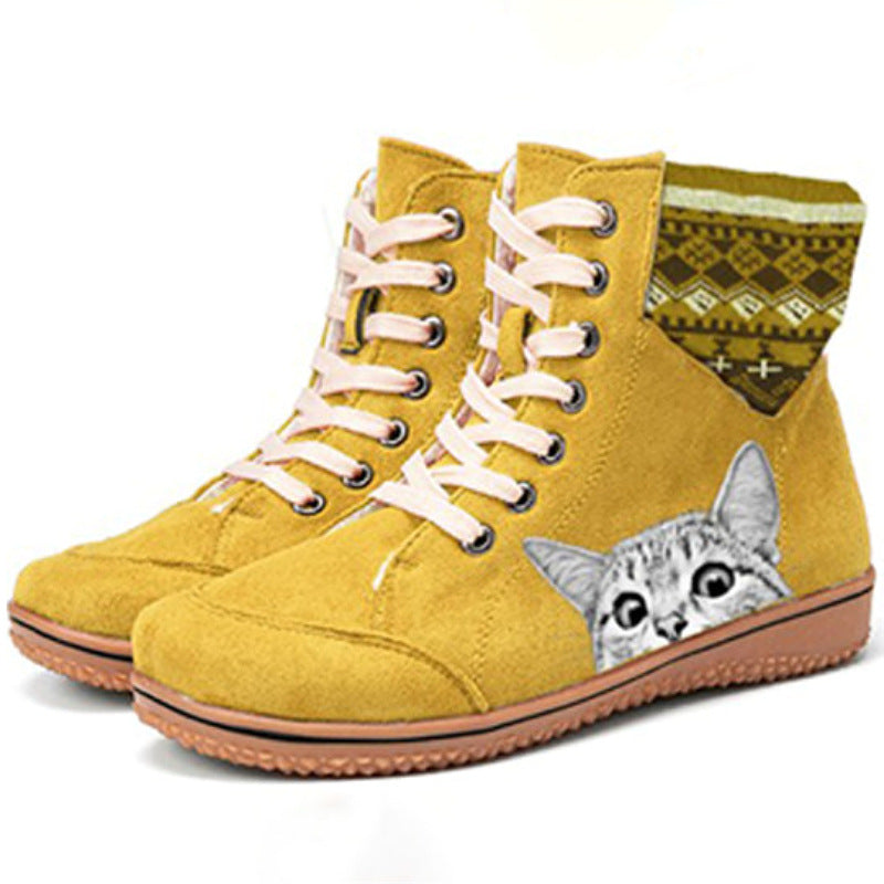 Women's Flat-bottomed Wool Lace-up Martin Boots