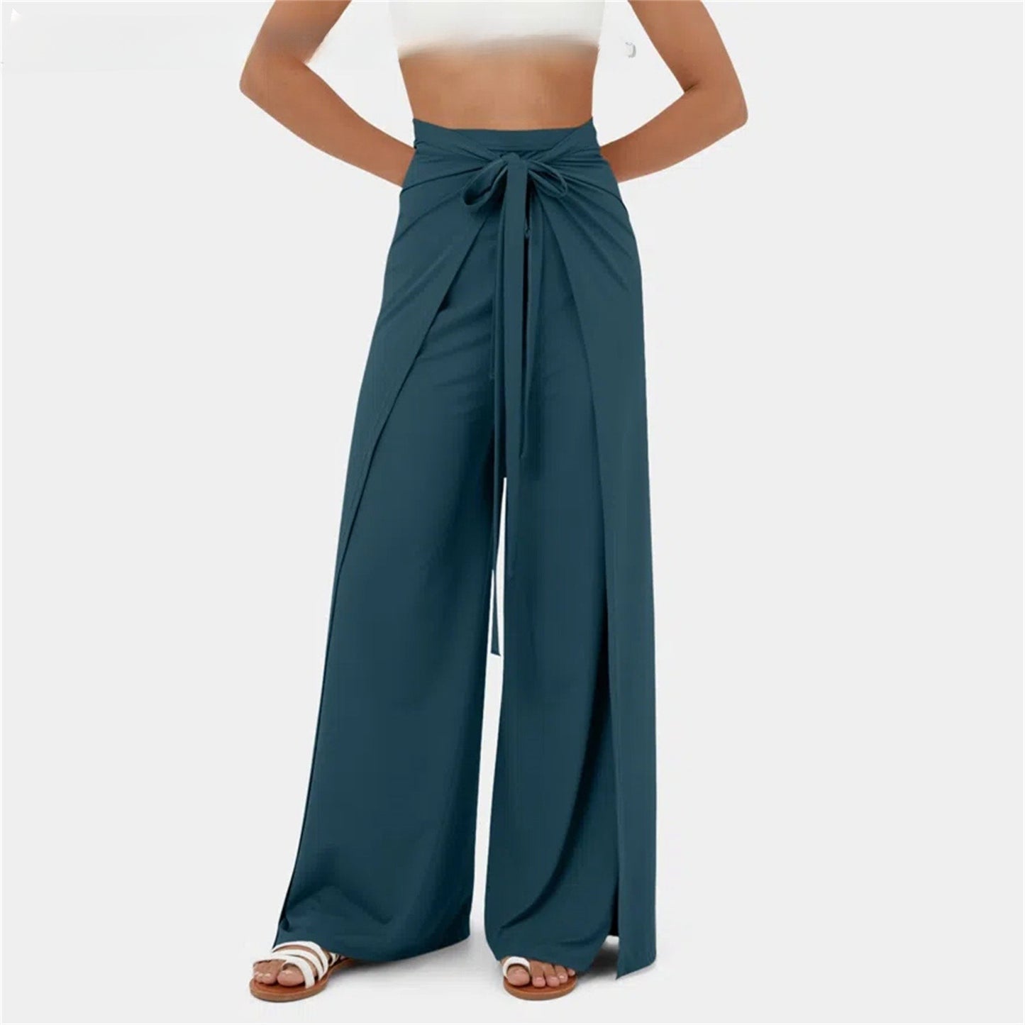 Solid Color Fashion Lace-up Waist Wide-leg Skort Women