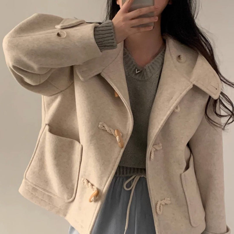 Horn Button Design Large Pocket Loose Versatile Hooded Woolen Short Coat