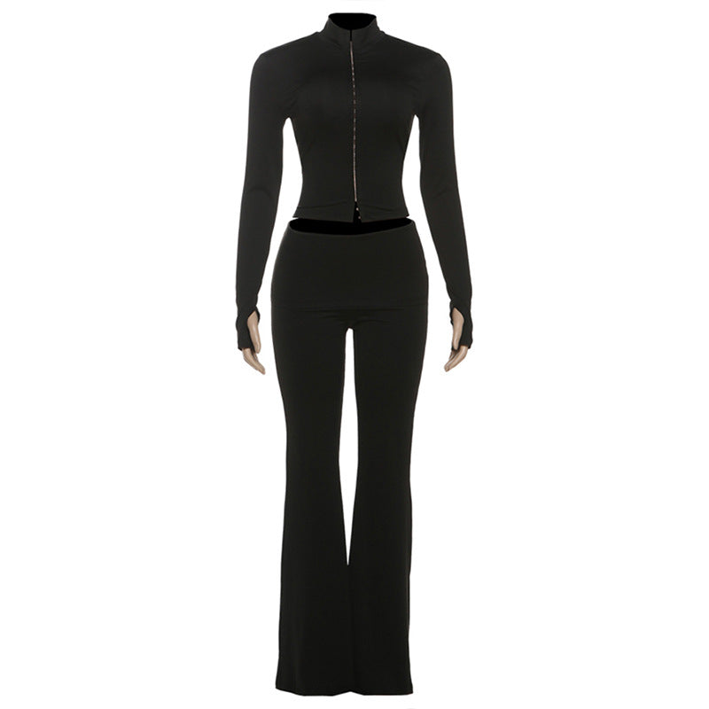 Womens Personalized Stand Up Collar Slimming Crochet Button Cardigan Top And Casual Pants Set