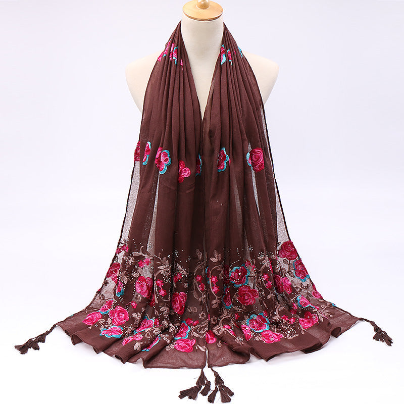 Pure Color Cotton And Linen Embroidered Hot Drilling Fringe Scarf