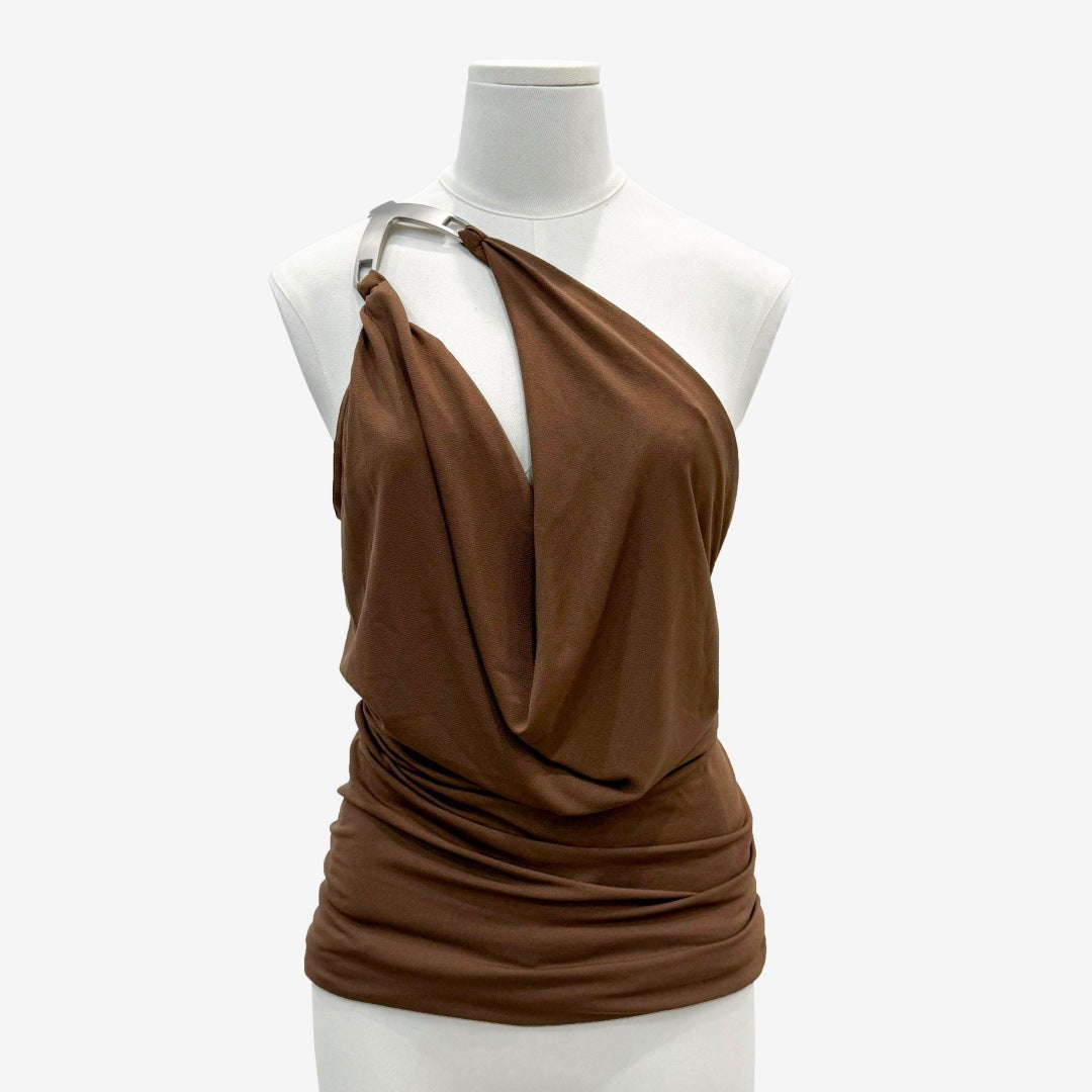 Hot Girl Style Shoulder Metal Buckle Lace-up Backless Pleated Slim-fit Top For Women