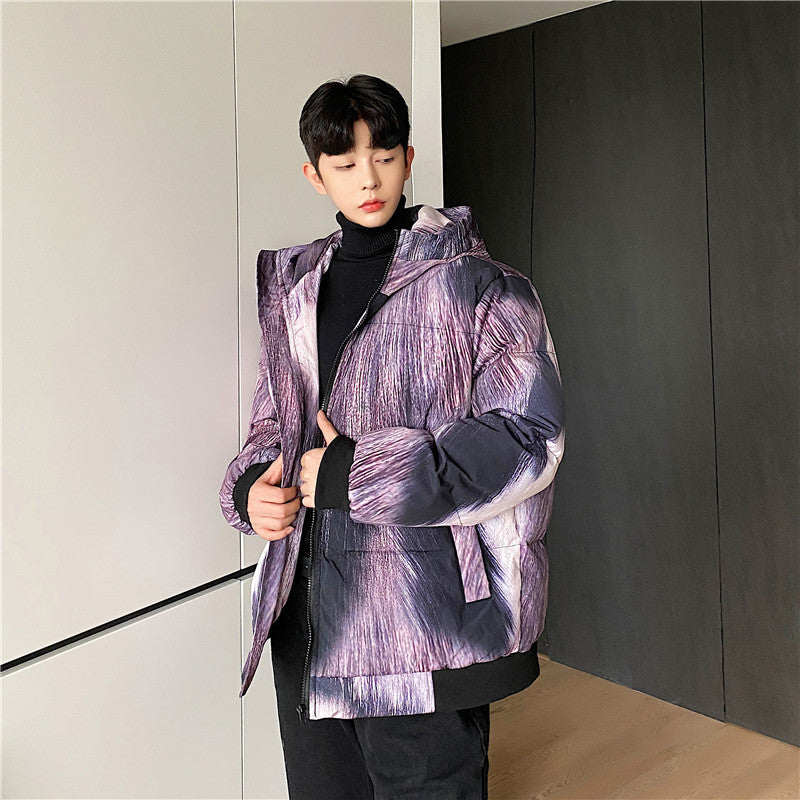 Fried Street Purple Fur Animal Print Fur Three-dimensional Print Hooded Cotton Jacket Men