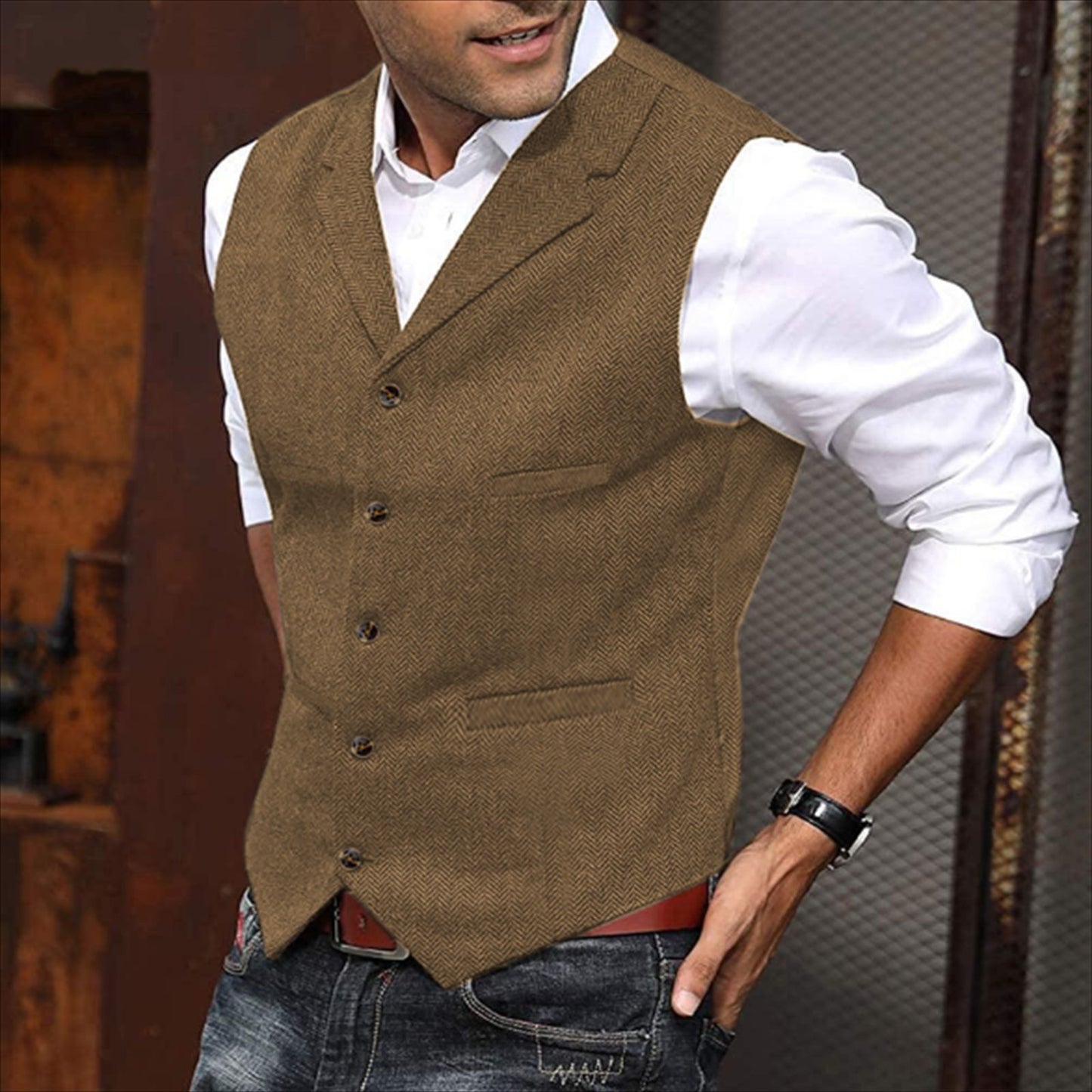 Herrevest Afslappet Ensfarvet Sildebensvest Slim Fit