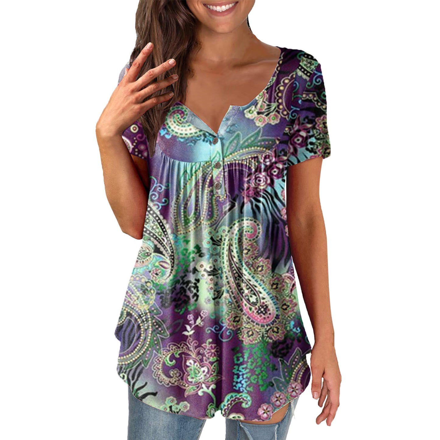 Ladies' Printed Ruffled Pullover Short Sleeve