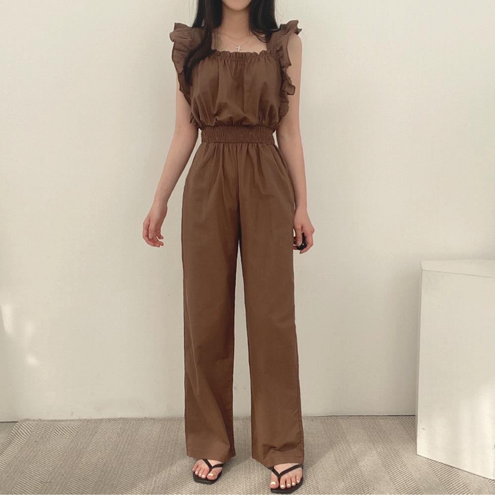 Fransk Retro Jumpsuit Med Firkantet Halsudskæring, Flæser, Flæseærmer, Elastik I Taljen Og Højtaljede Vide Ben Til Kvinder