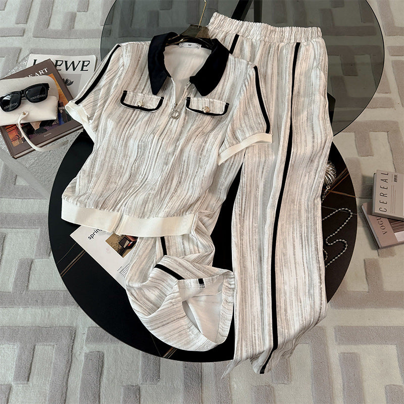 Womens Stylish Youth-Enhancing Lapel Collar Color-Block Short-Sleeve Cardigan Two-Piece Set