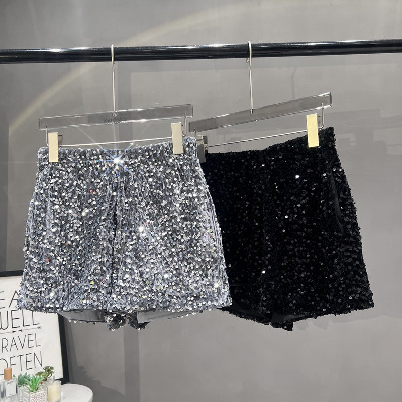 Suede Embroidered Beaded Gray Casual Shorts For Women