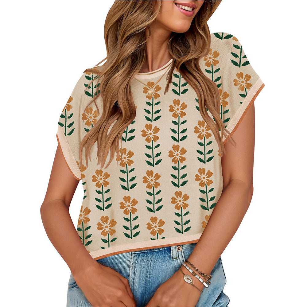 Midriff-baring Short Sleeve Color Block Round Neck Knitted Little Flower Sweater Short