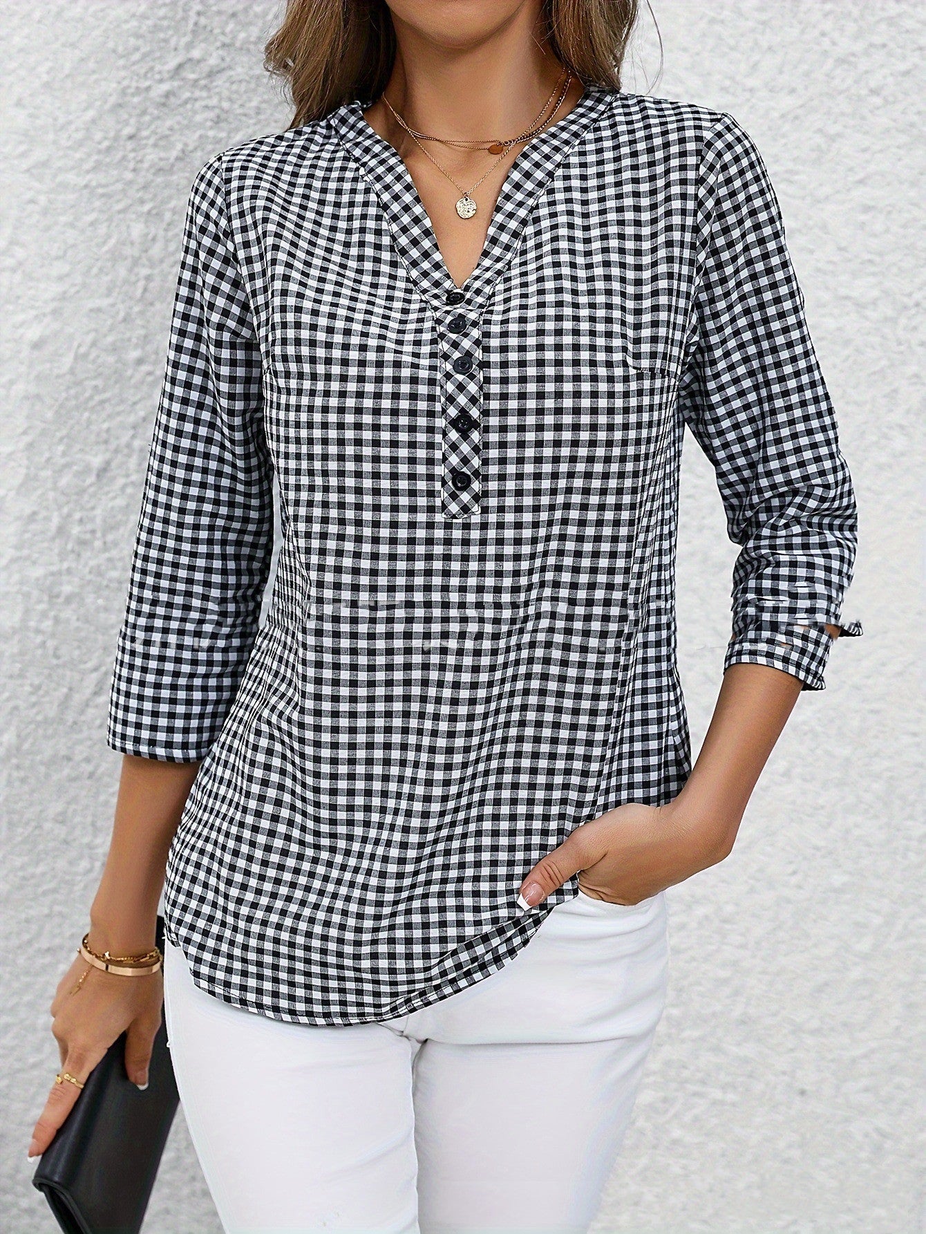 Elegant Retro Plaid Striped Three-quarter Sleeve Shirt
