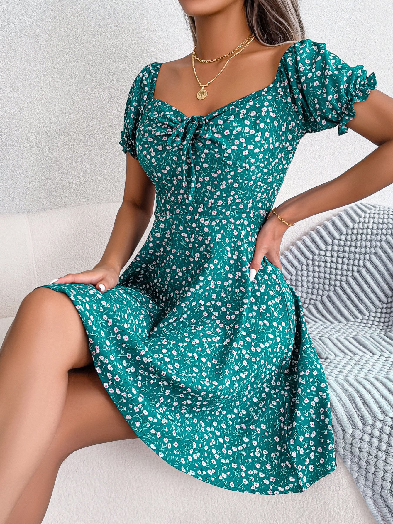 Women   Casual Bell Sleeve Drawstring Tie Flowy Floral Print Dress