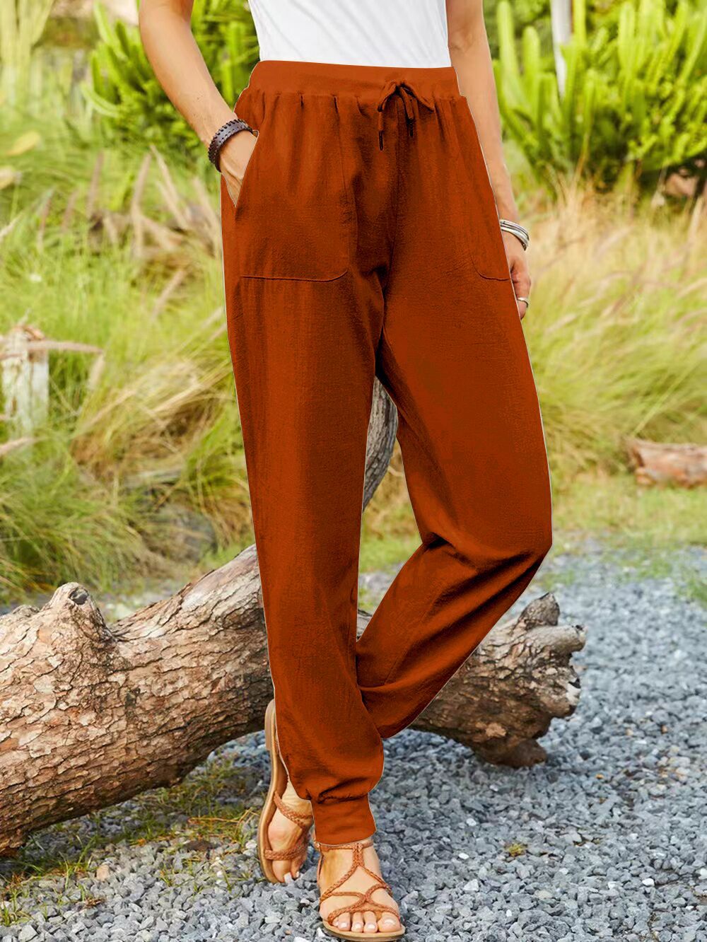 Casual Elastic Cotton And Linen Pants