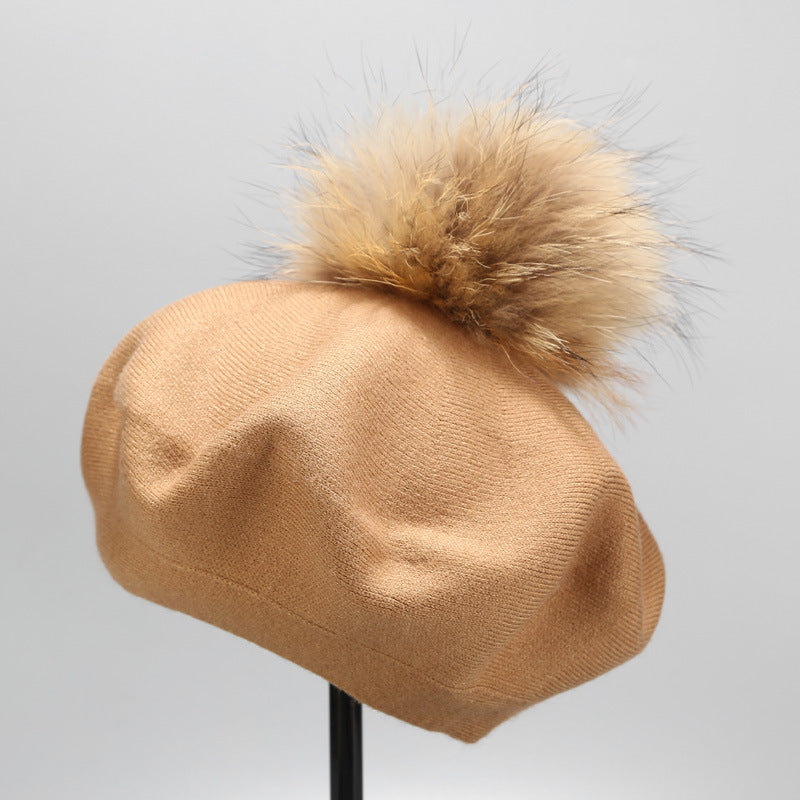 Ins Hat New Real Hair Ball Beret Women