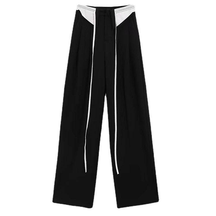 High-waist Design Cuffed Lace Up Loose Thin Sagging Wide Back Pants