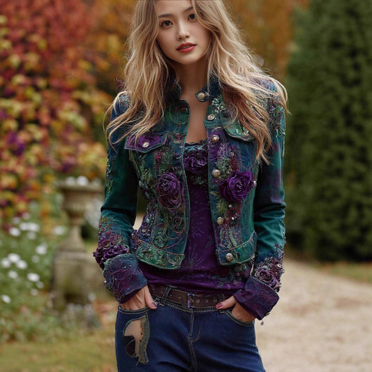 Women's Vintage Patchwork Print Turned Hem Denim Jacket