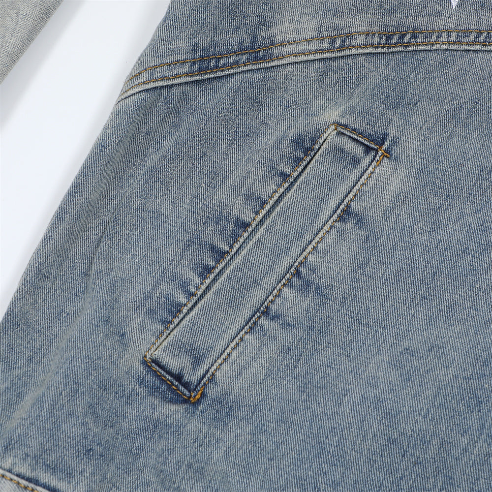 Men's Stitching Embroidered Letters Washed And Worn Zipper Denim Coat Fashion