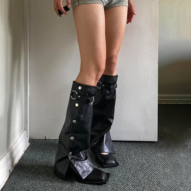 Dark Punk Metal Buckle Black Leather Leg Warmer