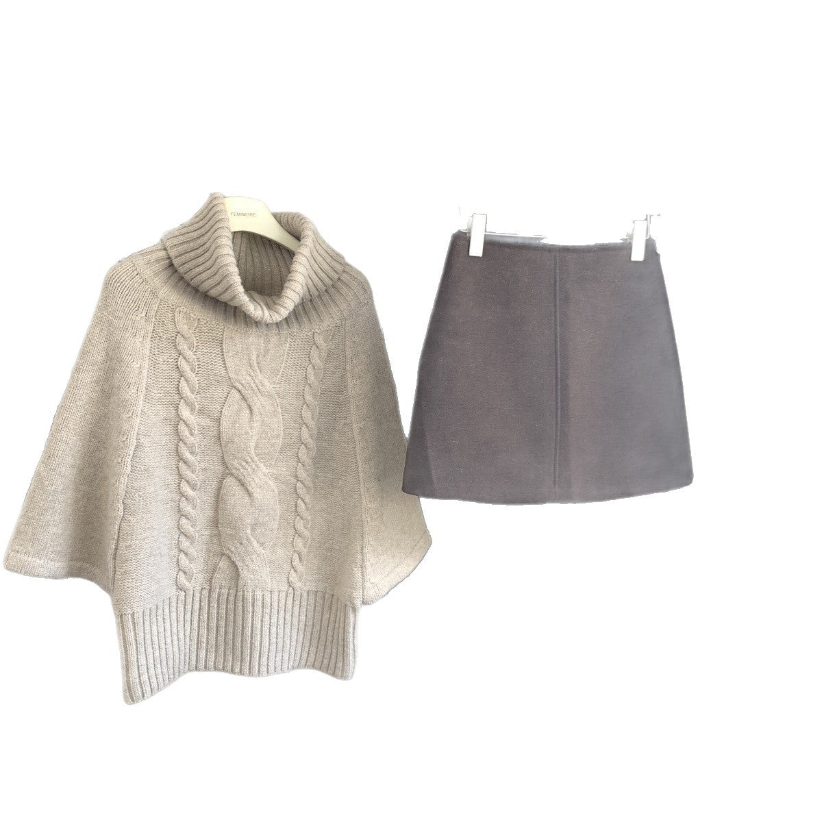 FallWinter Loose Turtleneck Knit Top And Wool Skirt Womens Set