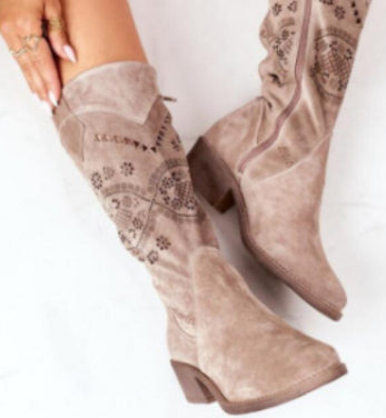 Autumn And Winter Mid Heel Suede Burnt Flower 40-43 Side Zipper High Boots, Female