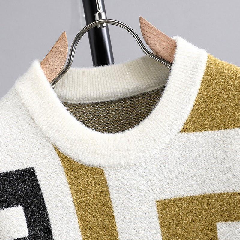 Mænds Brev Jacquard Rund Hals Løs Casual Sweater