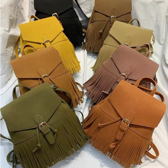 Frosted Women's Tassel Backpack Bundle Mouth Solid Color
