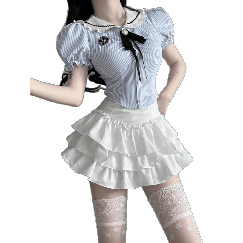 Sweet College Style JK Hot Girl Waist Trimming Short Sense Of Design Shirt Female Cake Dress Two-piece Set