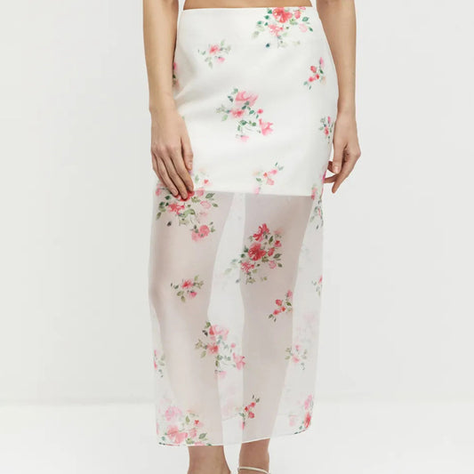 New Digital-print Sheer High-waist Split Skirt