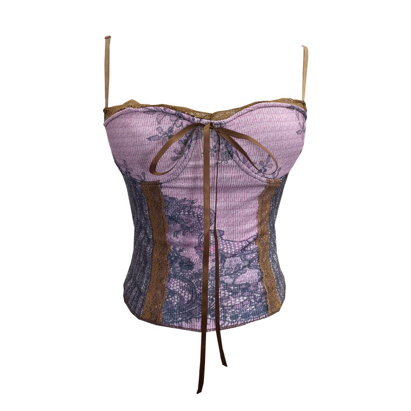 Vintage Ink Painting With Chest Pad Short Lace Up Tube Top For Women