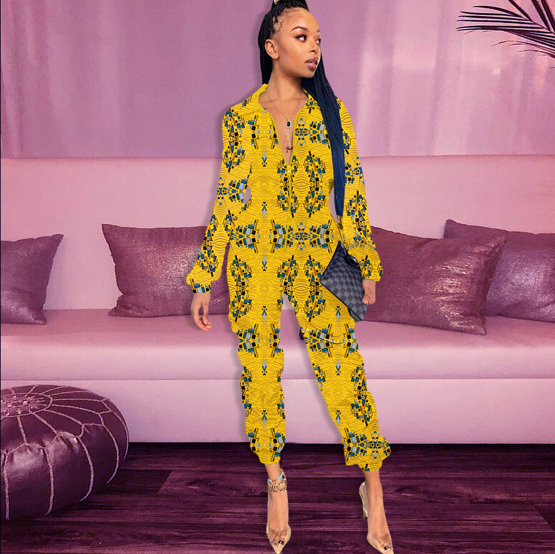 Contrast Print Zip-Up Long Bodysuit