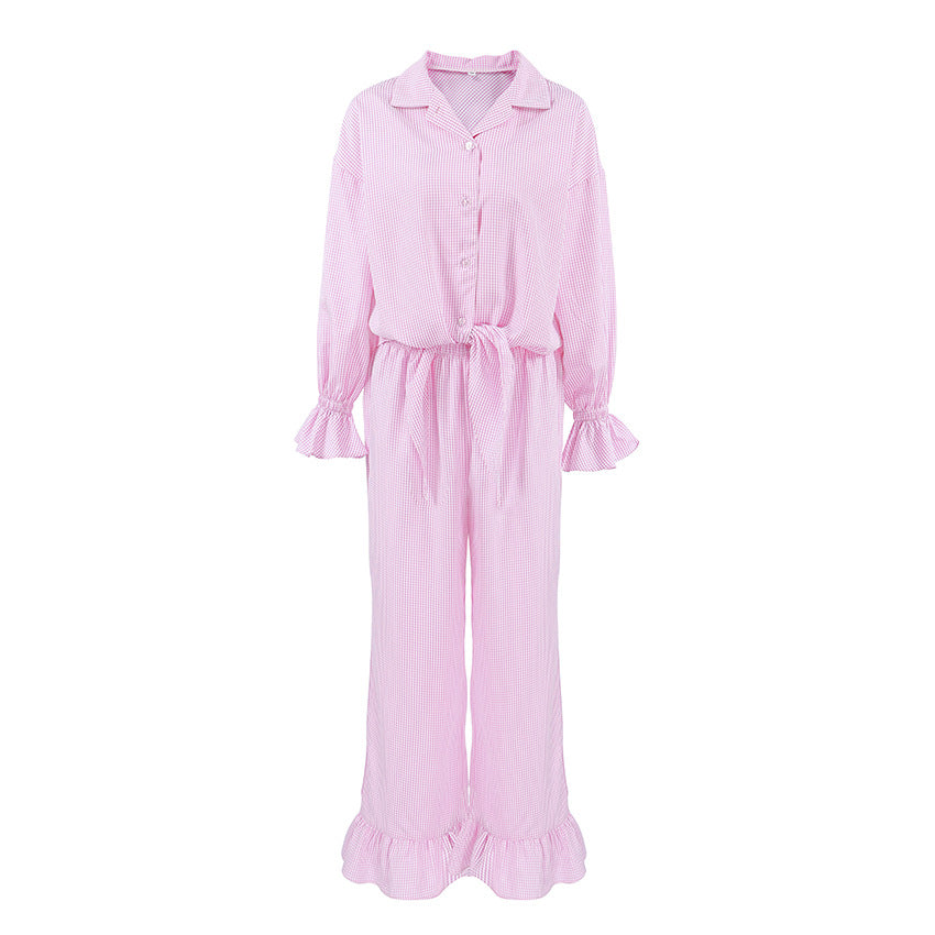 Plaid Ruffled Long-sleeve Cardigan And Tie-front Pants Two-piece Set
