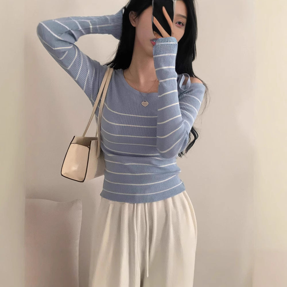 Casual Diagonal Collar Off-the-shoulder Strap Striped Color Matching Sweater Top