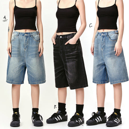 American Retro Denim Cropped Pants Washed Cat Beard Pattern