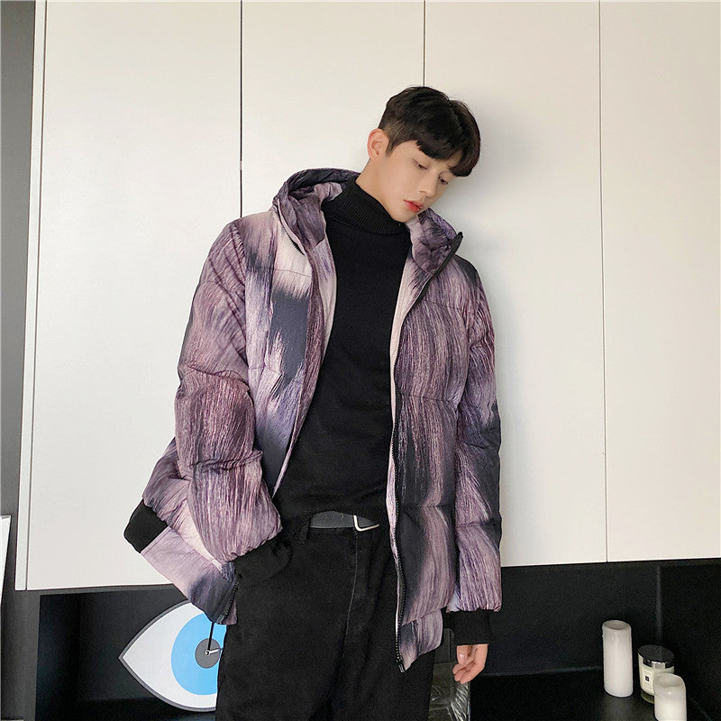 Fried Street Purple Fur Animal Print Fur Three-dimensional Print Hooded Cotton Jacket Men