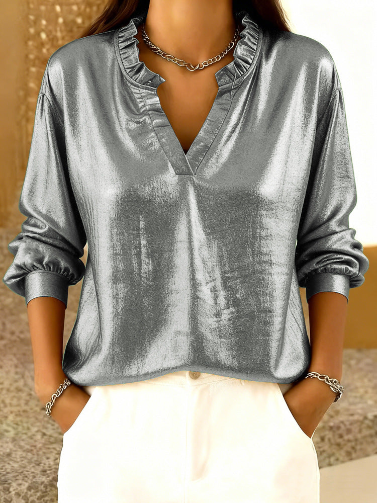 Womens Solid-Color Loose-Fit Long-Sleeve Shirt With A Stand Collar