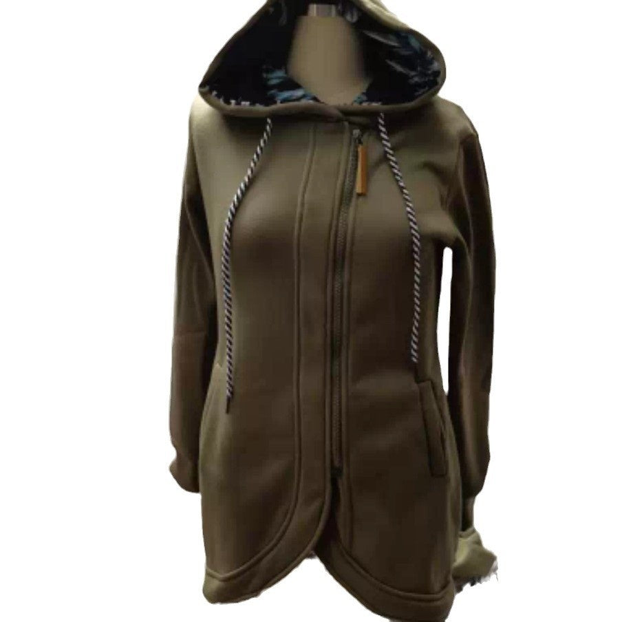 Womens Solid-Color Zip-Up Hoodie With Print And Long Sleeves