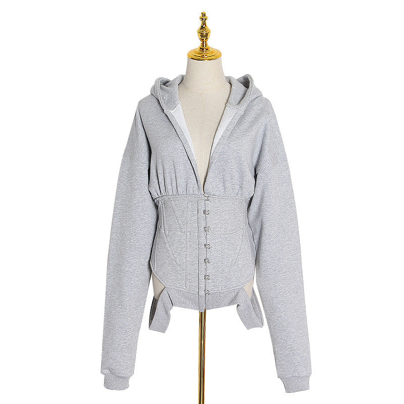 Versatile Long-sleeved Waist Fitting Hooded V-neck Top