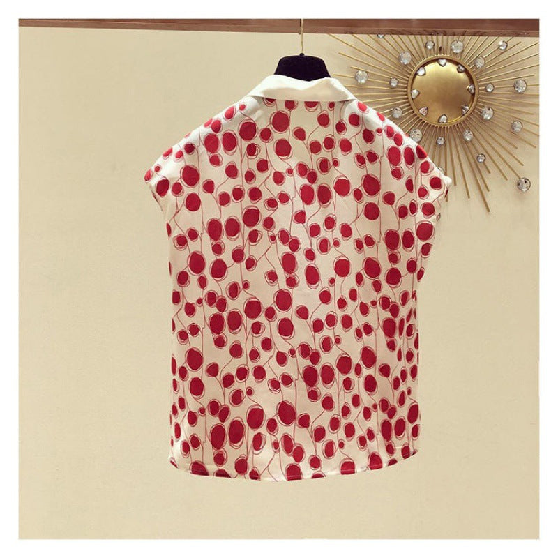 French Style Polka Dot Chiffon Shirt Short Sleeve Top