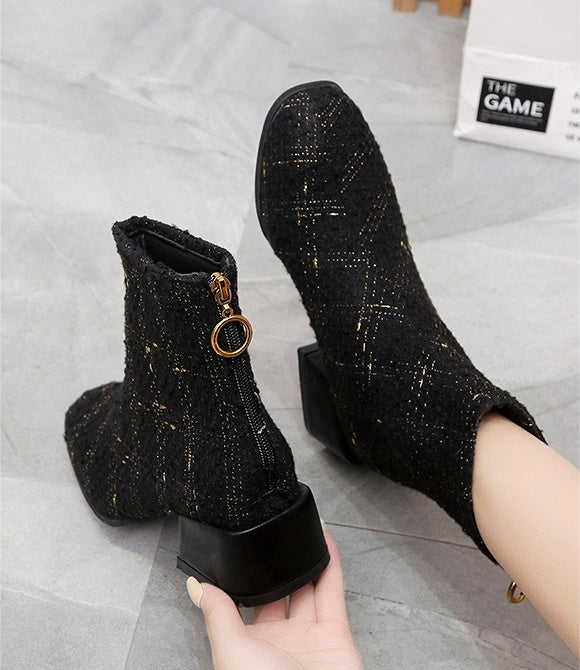 Autumn And Winter Plus Velvet Warm Plaid Martin Boots With Zipper Tips