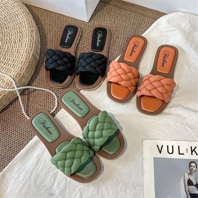 Flat Square Toe Fake Woven Korean Sandals