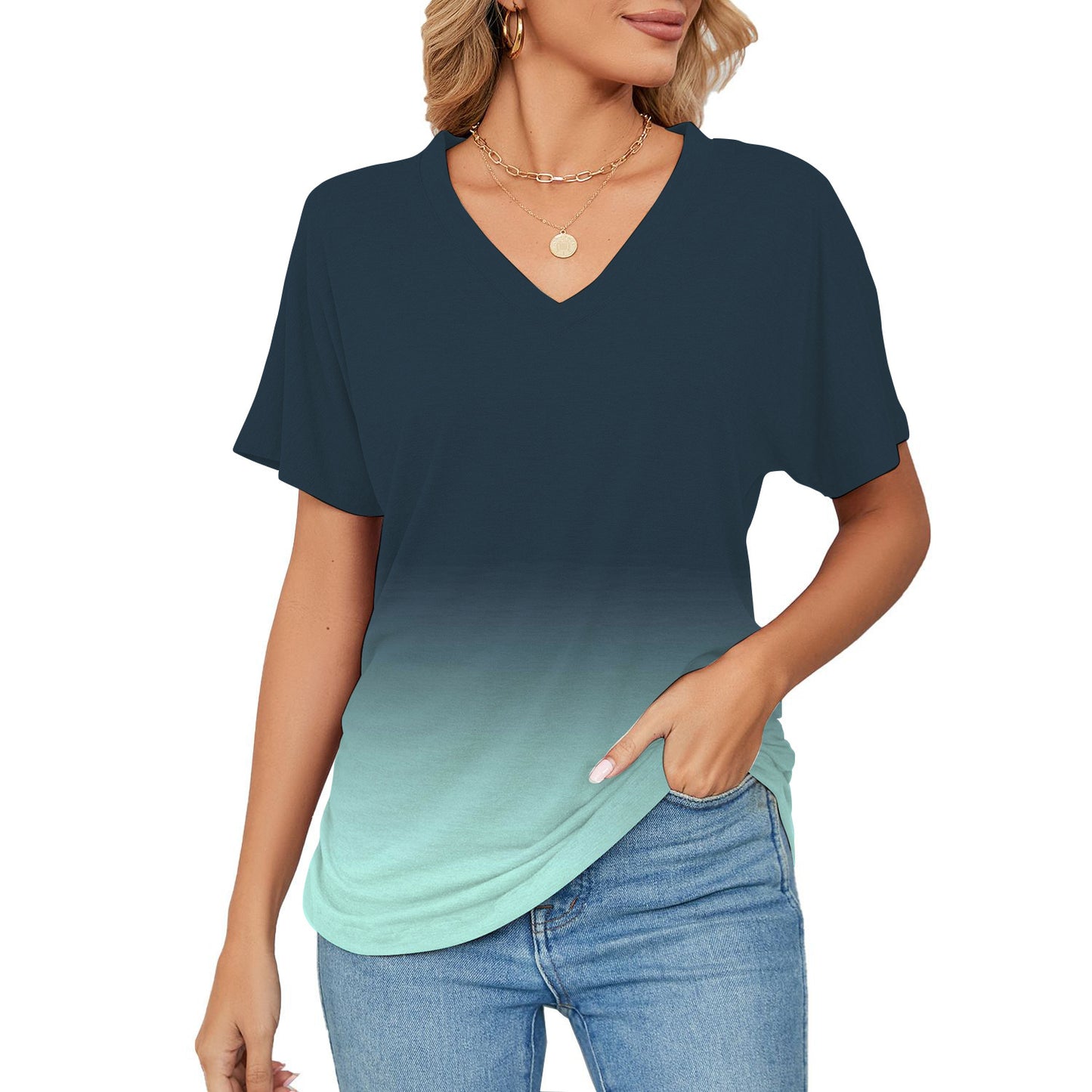 Women's T-shirt, Natural Plant And Floral Print, Casual V-neck Short Sleeves