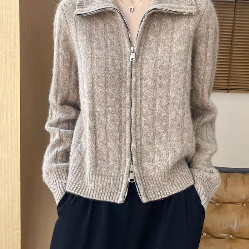 Womens Twist-Open Cardigan With Double Zippers And Lapel Collar